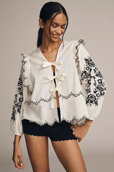 Elizabeth Gillett Long-sleeve Tie-front Embroidered Blouse In Beige