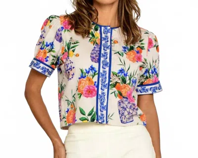 Elizabeth James The Label Coco Short Sleeve Floral Top In Ivory Ginger Jars In Blue