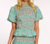 Elizabeth James The Label Demi Puff Sleeve Floral Top In Garden Trellis In Multi