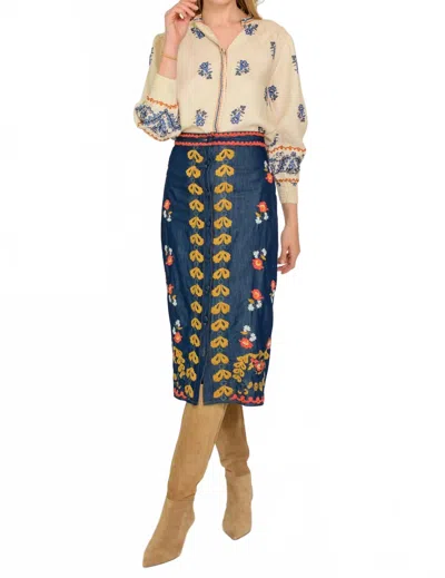 Elizabeth James The Label Frannie Embroidered Midi Skirt In Denim In Multi