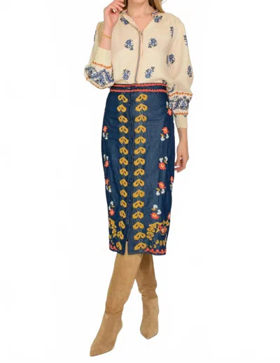 Elizabeth James The Label Frannie Midi Skirt In Denim Embroidery In Black