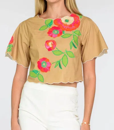 Elizabeth James The Label Paloma Scalloped Embroidery Top In Poppy Patch Iced Coffee In Yellow
