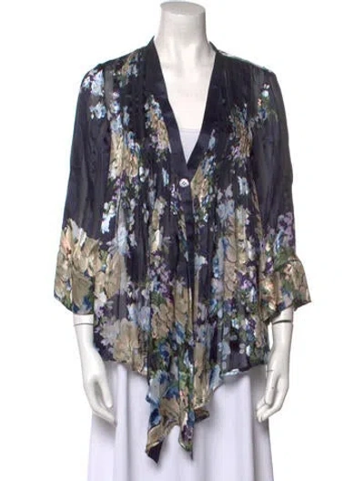 Pre-owned Elizabeth Kennedy Silk Floral Print Sweater In Blue