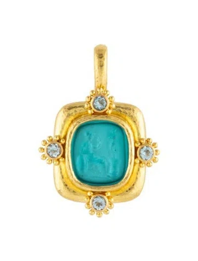 Pre-owned Elizabeth Locke 14k Venetian Glass, Mother Of Pearl & Aquamarine Intaglio Pendant, 1.75" In Blue