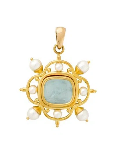 Pre-owned Elizabeth Locke 18k Cultured Pearl & Glass Intaglio Pendant Enhancer In Multi