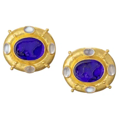 Pre-owned Elizabeth Locke 18k Gold Blue Venetian Glass Intaglio Moonstone Earrings