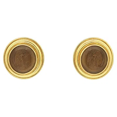 Pre-owned Elizabeth Locke 18k Gold Bronze Venetian Glass Intaglio Mop Honey Bee Earrings In Multiple