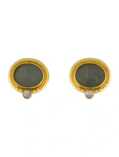 Pre-owned Elizabeth Locke 18k Mother Of Pearl & Intaglio Doublet, Labradorite Earclips In Gray