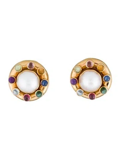 Pre-owned Elizabeth Locke 18k Pearl & Multistone Convertible Earclip Earrings In Multicolor