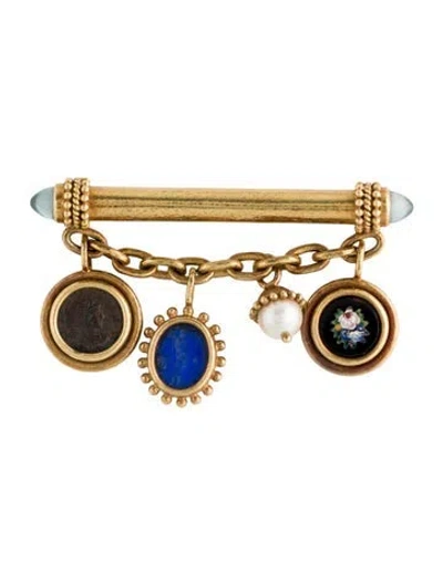 Pre-owned Elizabeth Locke 18k Pearl, Aquamarine, Coin Intaglio Micromosaic Bar Charm Brooch In Multi