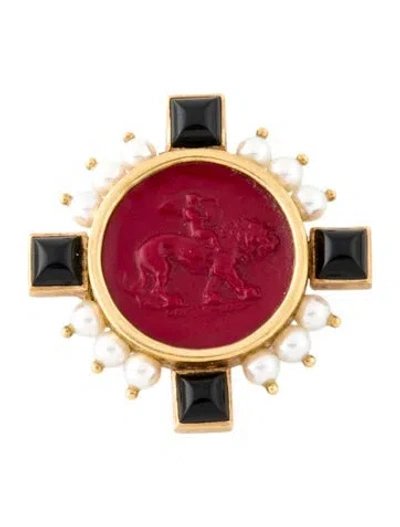 Pre-owned Elizabeth Locke 18k Pearl, Glass & Onyx Pendant Brooch In Red