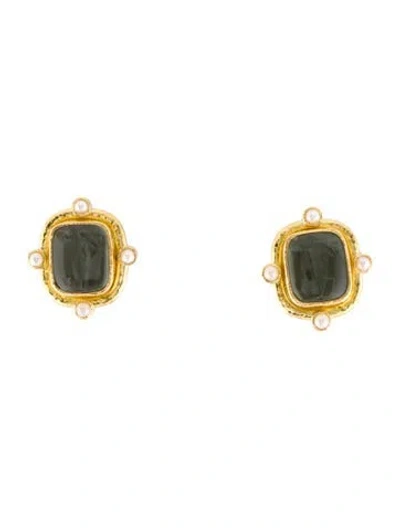 Pre-owned Elizabeth Locke 18k Pearl, Mother Of Pearl & Glass Intaglio Earclip Earrings In Multi