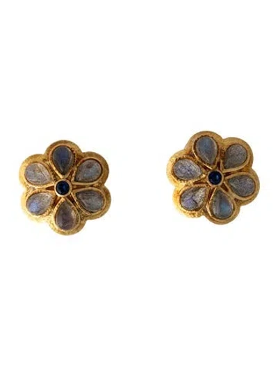 Pre-owned Elizabeth Locke 18k Sapphire & Labradorite Daisy Earclips In Multicolor
