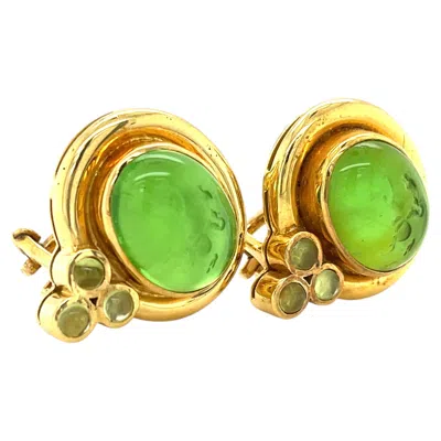 Pre-owned Elizabeth Locke 18k Yellow Gold Green Glass Intaglio And Peridot Accent Earrings