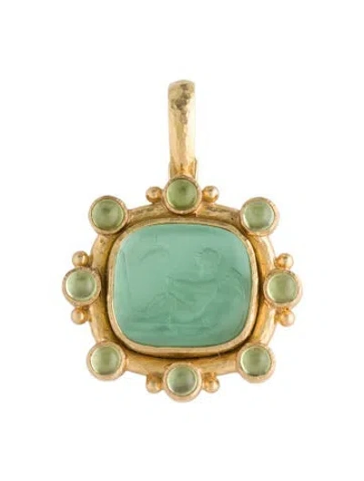 Pre-owned Elizabeth Locke 19k 1.76ct Peridot, Mother Of Pearl, And Venetian Glass Intaglio Pendant, 1.25" In Green