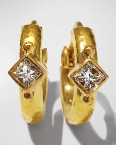 Elizabeth Locke 19k Baby Hammered Hoop Earrings With Princess Cut Diamonds In Gold