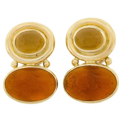 Pre-owned Elizabeth Locke 19k Gold Intaglio & Oval Cabochon Omega/clip On Drop Earrings In Multi