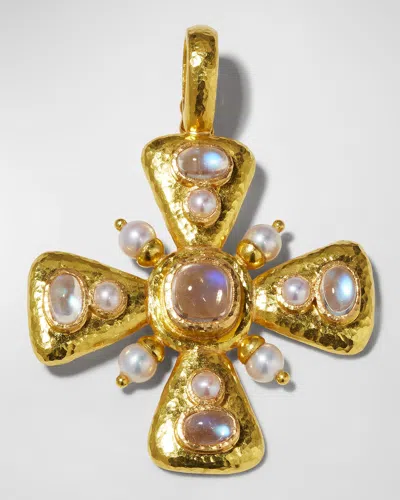 Elizabeth Locke 19k Moonstone And Pearl Maltese Cross Pendant In Gold