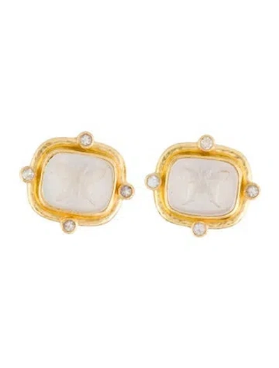 Pre-owned Elizabeth Locke 19k Moonstone, Mother Of Pearl & Glass Butterfly Intaglio Intaglio Earclips In Multi