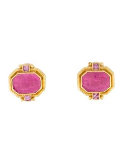 Pre-owned Elizabeth Locke 19k Mother Of Pearl & Glass Doublet, & Sapphire Convertible Earclips In Pink