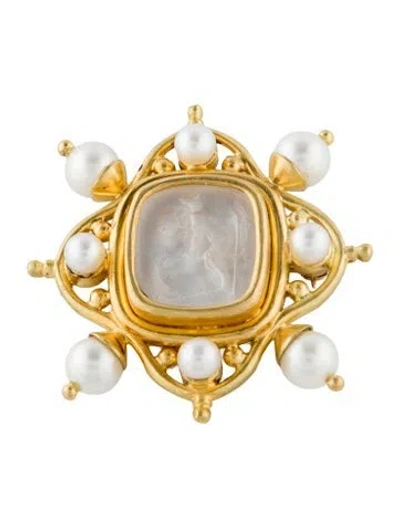 Pre-owned Elizabeth Locke 19k Pearl, Mother Of Pearl & Glass Intaglio Brooch In Multi
