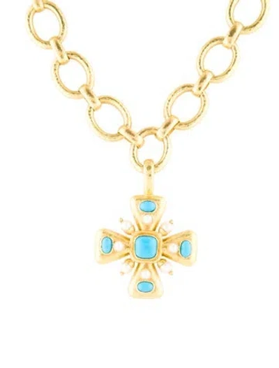 Pre-owned Elizabeth Locke 19k Pearl ,turquoise & Sapphire Maltese Cross Pendant Necklace, 18" In Multi