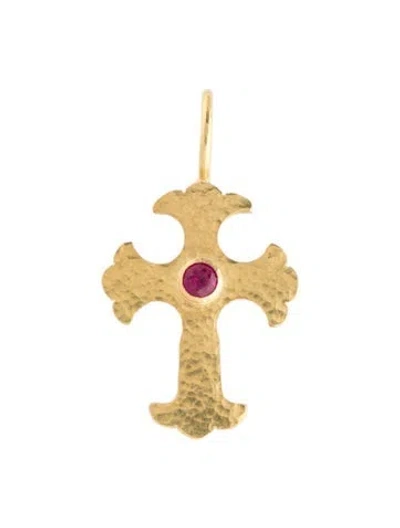 Pre-owned Elizabeth Locke 19k Ruby Gothic Cross Pendant, 1.5" In Multicolor