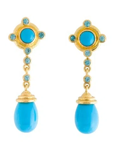 Pre-owned Elizabeth Locke 19k Turquoise & Zircon Convertible Drop Earrings In Multi