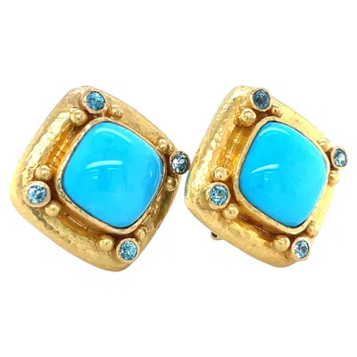 Pre-owned Elizabeth Locke 19k Yellow Gold Turquoise And Topaz Ear Clips Retractable Posts