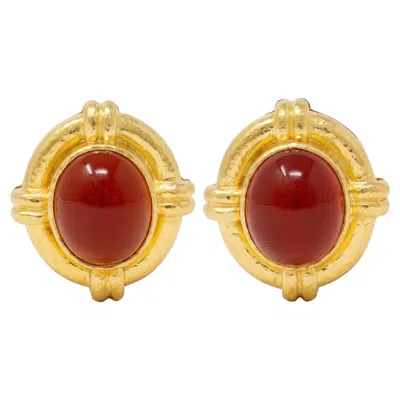 Pre-owned Elizabeth Locke 2000's Carnelian 18k Yg Contemporary Hammered Cabochon Earrings In Multiple