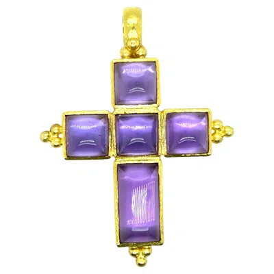 Pre-owned Elizabeth Locke 33.91 Tcw Amethyst Mother Of Pearl 19k Yellow Gold Cross Pendant