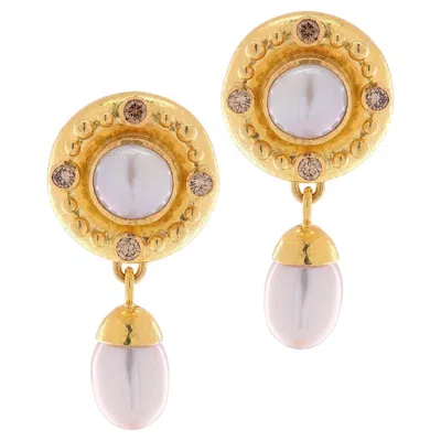 Pre-owned Elizabeth Locke Brown Diamond & Pearl Day And Night Dangle Earrings