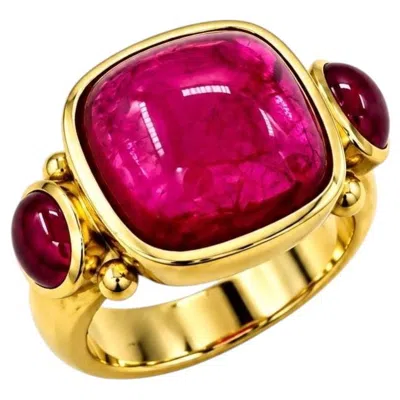 Pre-owned Elizabeth Locke Cabochon Rubellite Tourmaline 18k Yellow Gold Ring