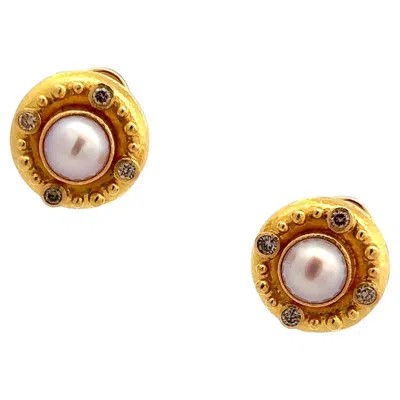 Pre-owned Elizabeth Locke Diamond Pearl 19 Karat Yellow Hammered Gold Clip-on Earrings
