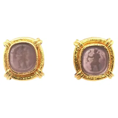 Pre-owned Elizabeth Locke Intaglio Pink Venetian Glass 19 Karat Yellow Gold Earrings
