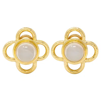 Pre-owned Elizabeth Locke Moonstone 18 Karat Yellow Gold Hammered Quatrefoil Earrings