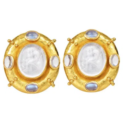 Pre-owned Elizabeth Locke Moonstone 18k Intaglio Woman Playing Lyre Earrings In Multi
