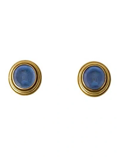 Pre-owned Elizabeth Locke Mother Of Pearl & Glass Bee Intaglio Convertible Earclips In Blue