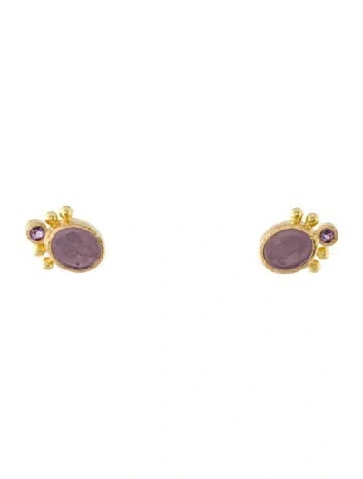 Pre-owned Elizabeth Locke Mother Of Pearl, Glass & Amethyst Intaglio Stud Earrings In Multicolor