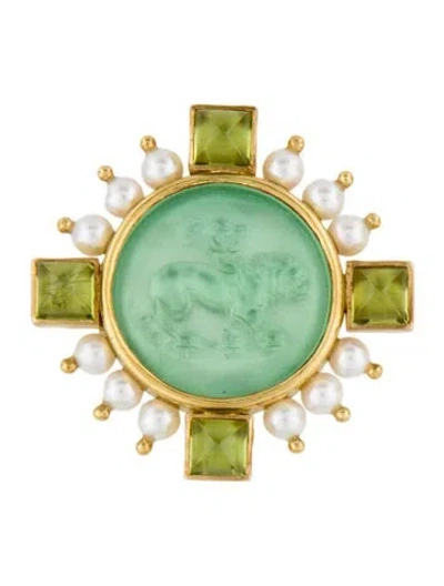 Pre-owned Elizabeth Locke Pearl, Mother Of Pearl Peridot Doublet & Glass Convertible Brooch Pendant In Multicolor