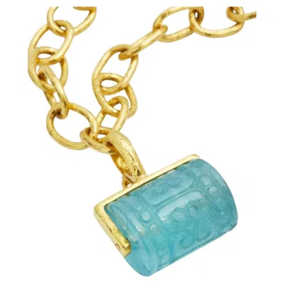 Pre-owned Elizabeth Locke Spinning Carved Aquamarine Pendant 19k Yellow Gold