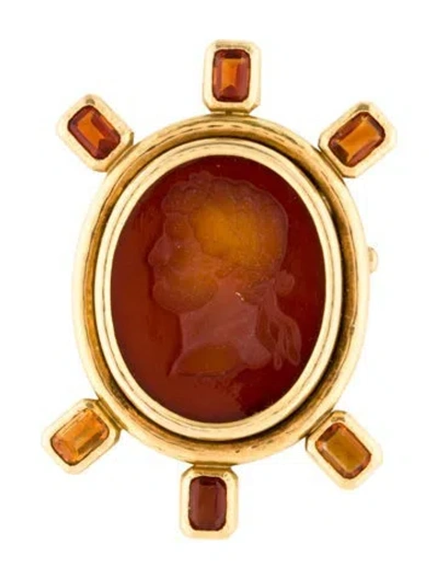 Pre-owned Elizabeth Locke Vintage 18k Mother Of Pearl, Glass & Citrine Intaglio Brooch In Multi
