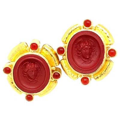 Pre-owned Elizabeth Locke Yellow Gold Carnelian Intagiio Earrings