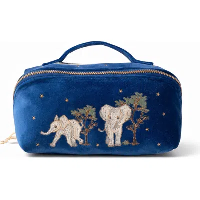 Elizabeth Scarlett Baby Elephant Conservation Velvet Open Flat Makeup Bag In Blue