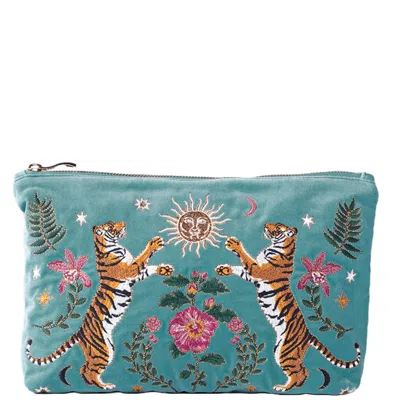 Elizabeth Scarlett Celestial Tigers Velvet Everyday Pouch - Dusky Teal