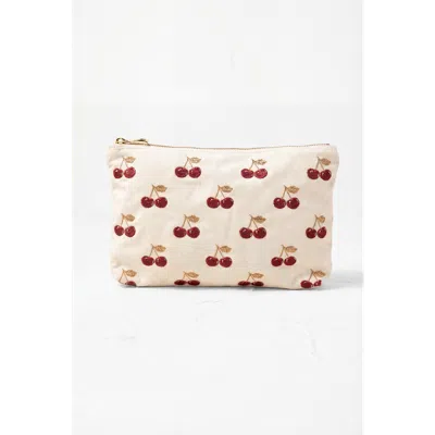 Elizabeth Scarlett Cherries Velvet Everyday Pouch In White