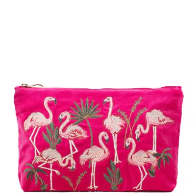 Elizabeth Scarlett Flamingos Pink Velvet Everyday Pouch In White