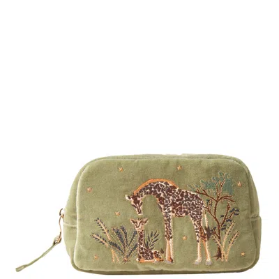 Elizabeth Scarlett Giraffe Mother & Baby Olive Velvet Cosmetics Bag In White