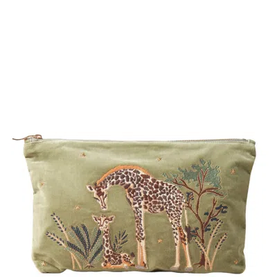 Elizabeth Scarlett Giraffe Mother And Baby Olive Velvet Everyday Pouch In White