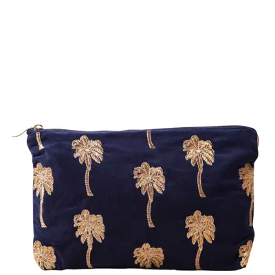 Elizabeth Scarlett Gold Palm Navy Velvet Everyday Pouch In White